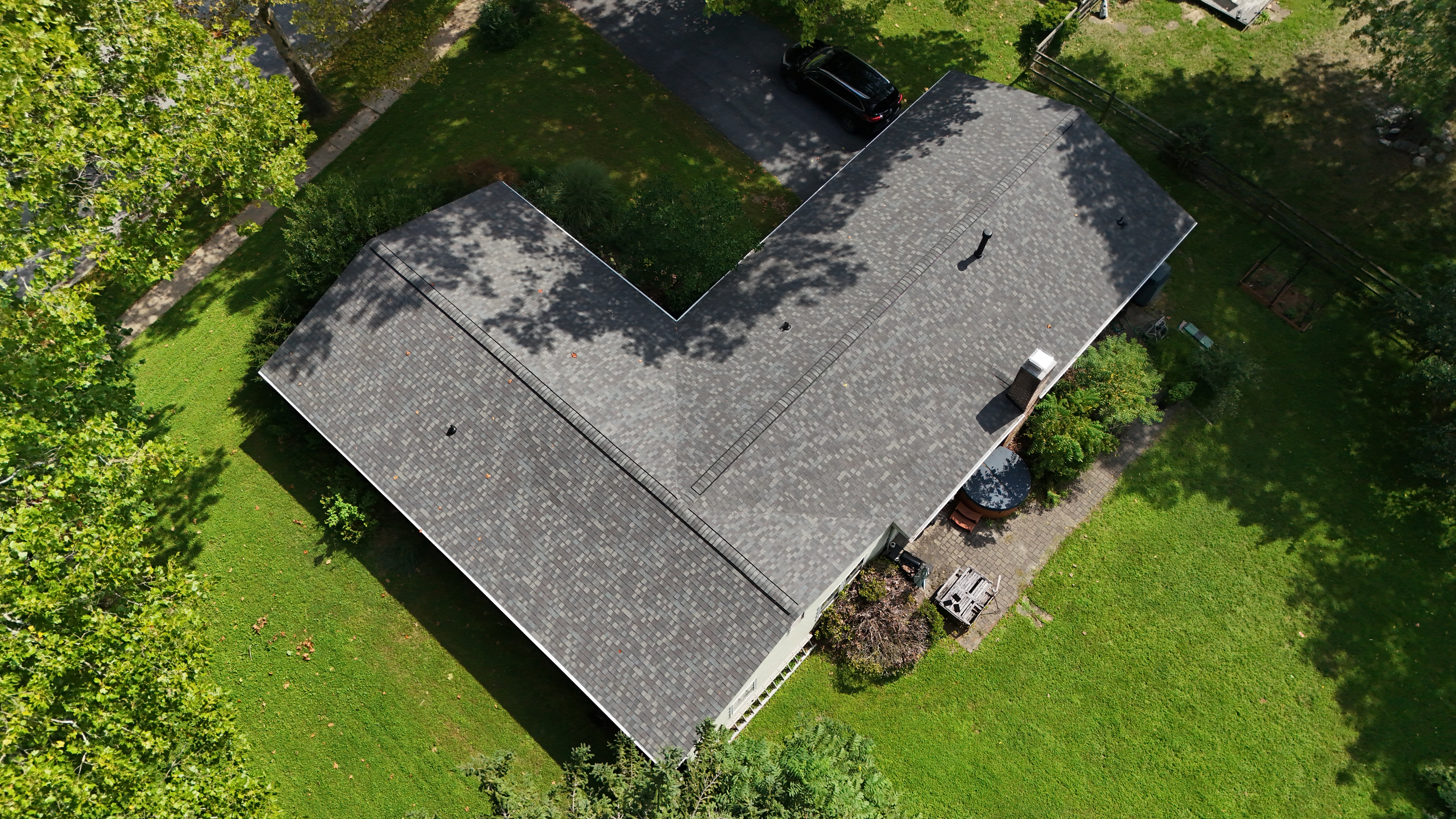 drone shot of the completed roof installation of Certainteed landmark shingles