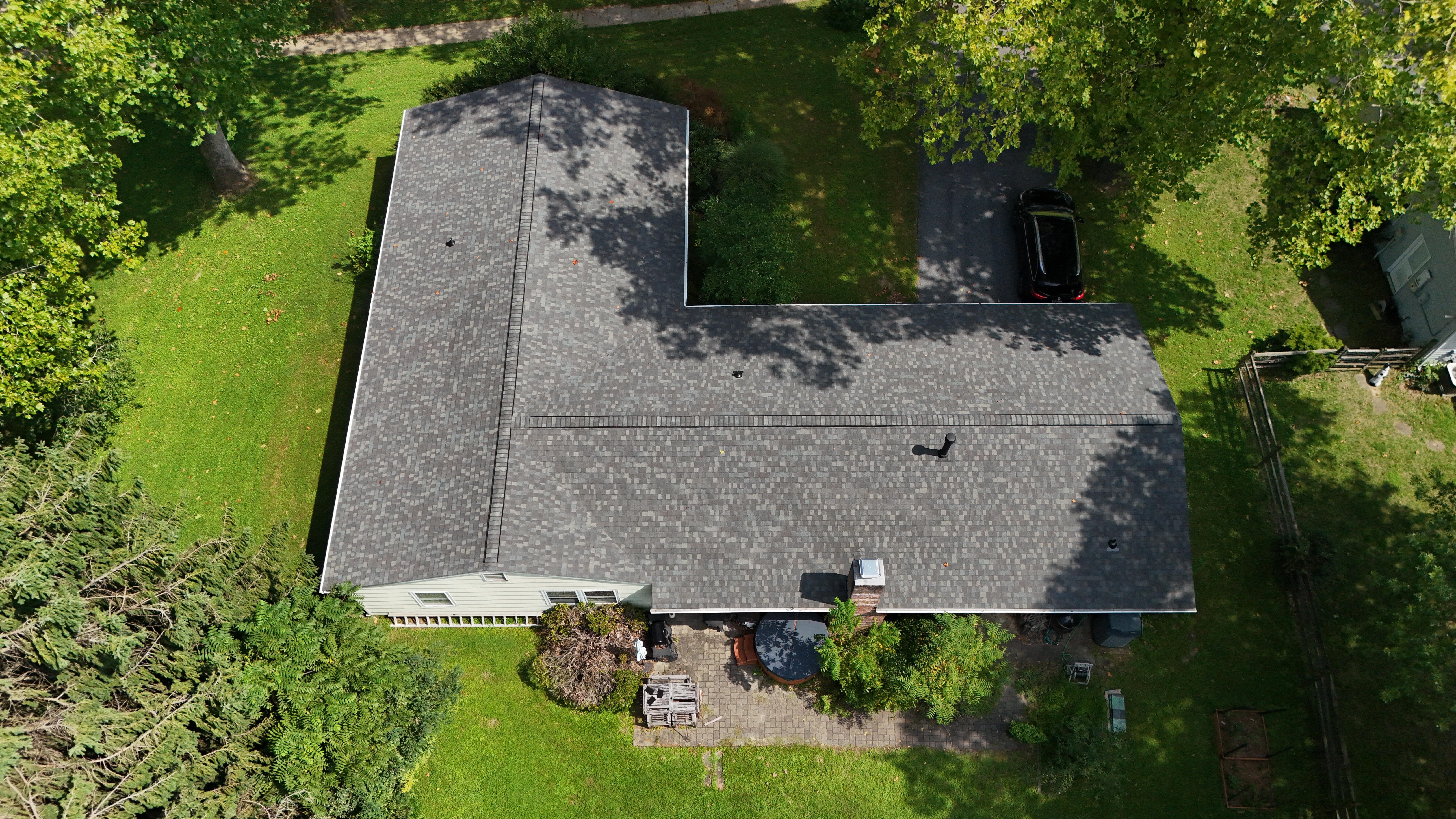 drone shot of the completed roof installation of Certainteed landmark shingles