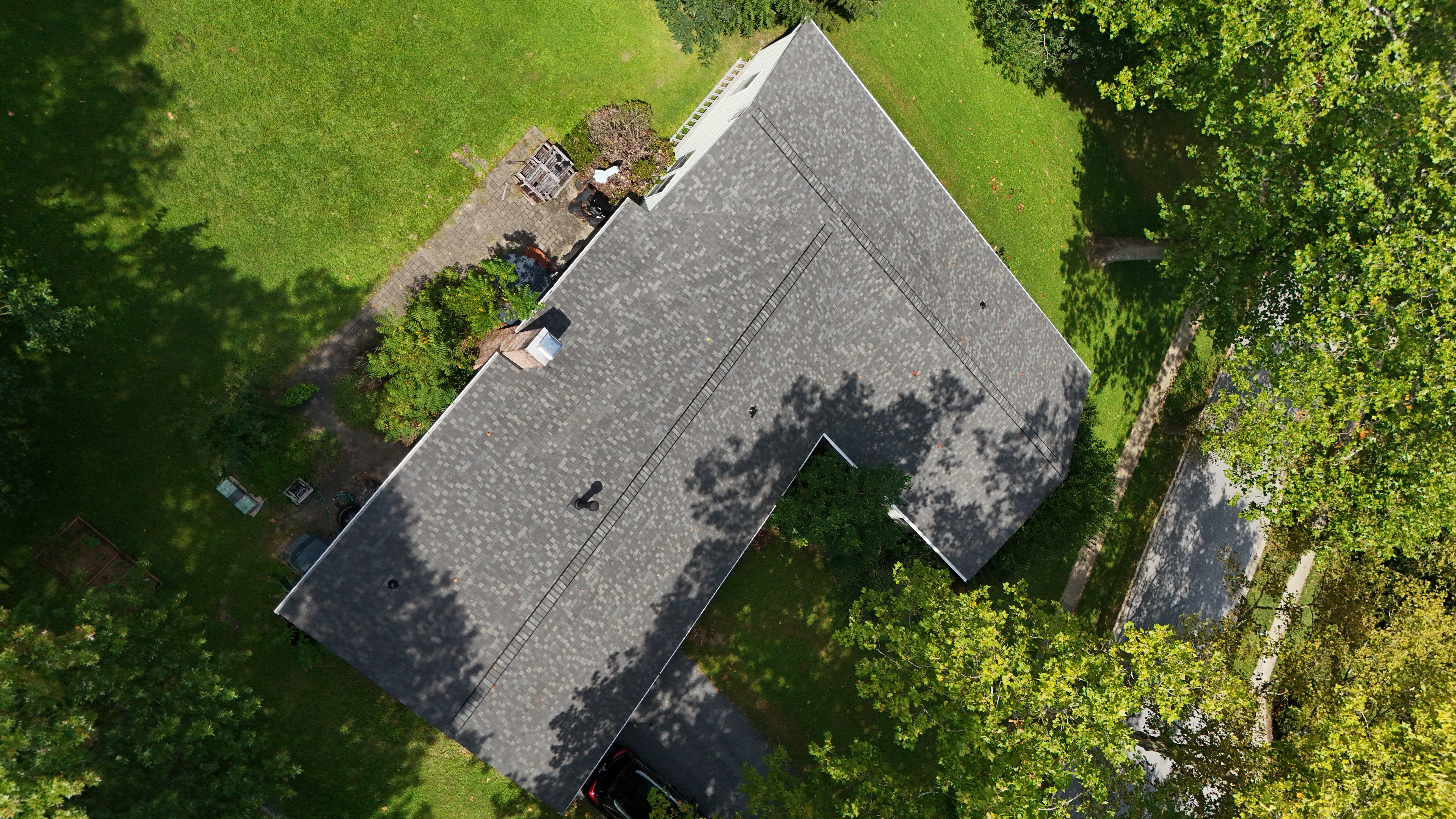 drone shot of the completed roof installation of Certainteed landmark shingles