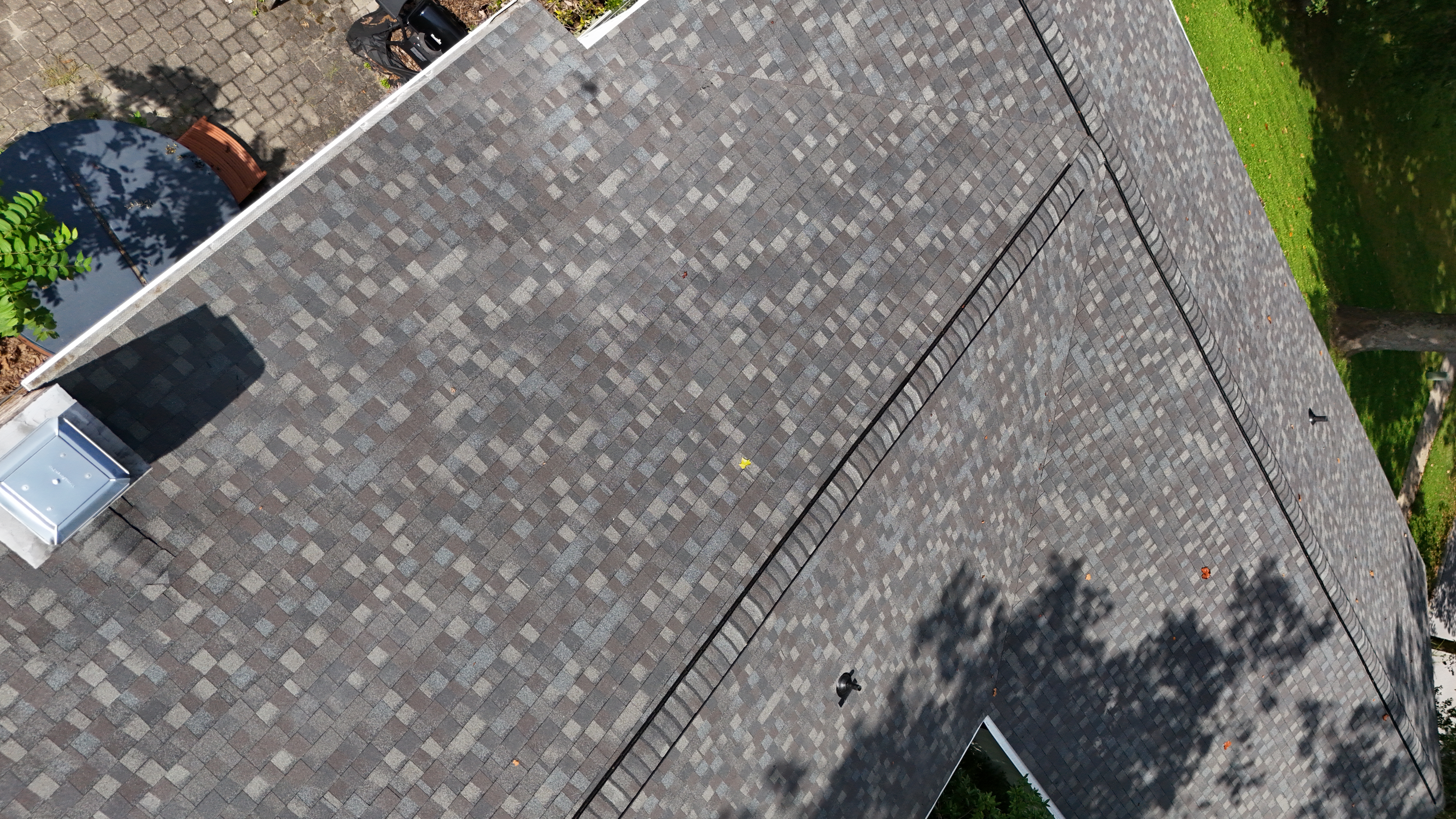 close up drone shot of the completed roof installation of Certainteed landmark shingles