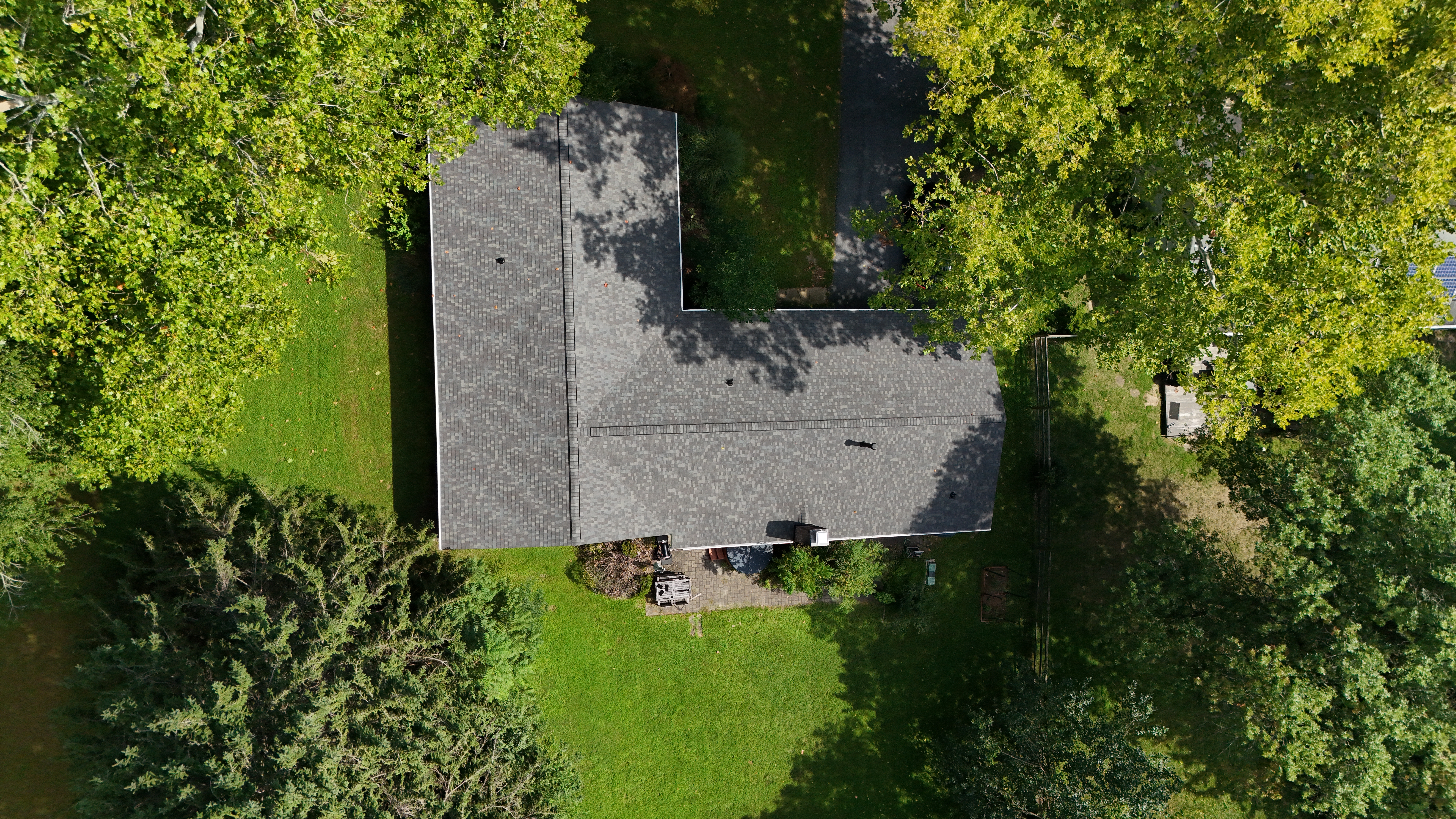 drone shot of the completed roof installation of Certainteed landmark shingles